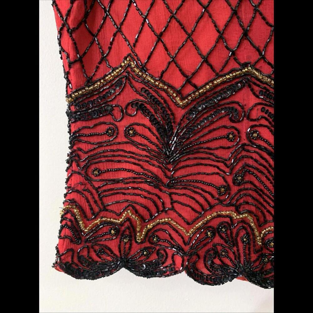 VTG Papell Boutique Womens Sz L 100% Silk Red Beaded Blouse Holiday Cocktail - Picture 3 of 9
